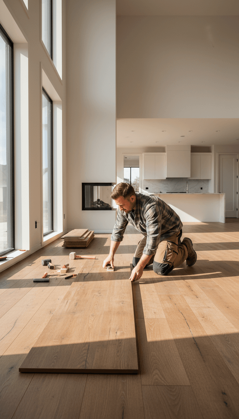 Craftsman installing hardwood floor in a bright room