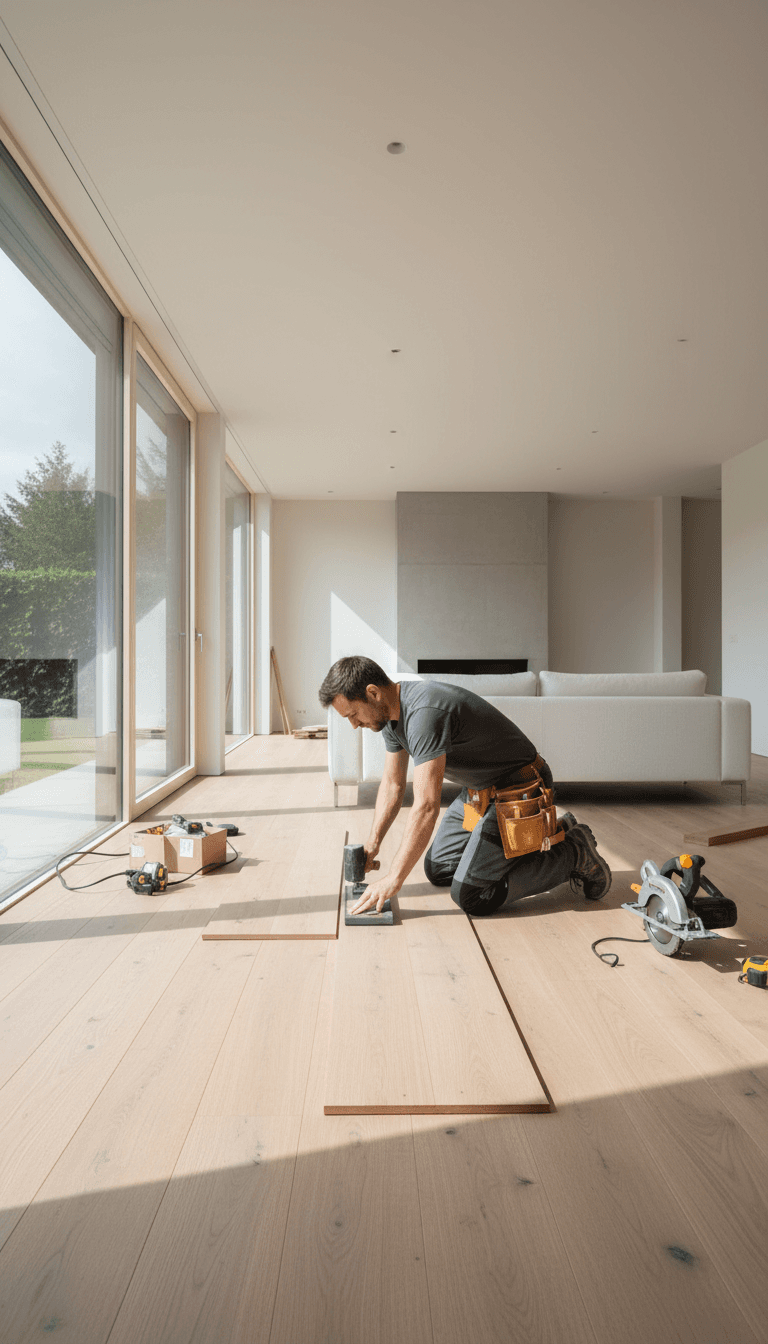 Craftsman installing hardwood floor planks in a bright modern living room