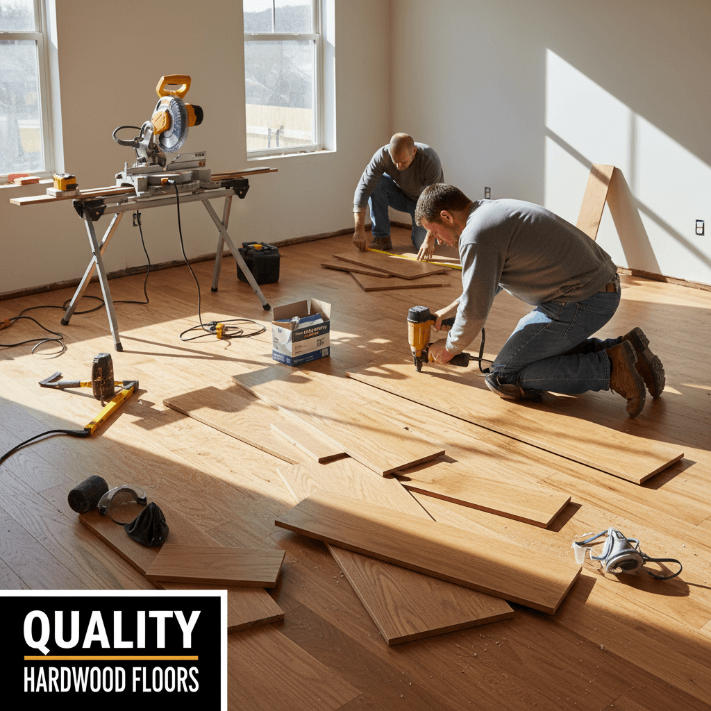 Close-up of a craftsman installing hardwood floor planks