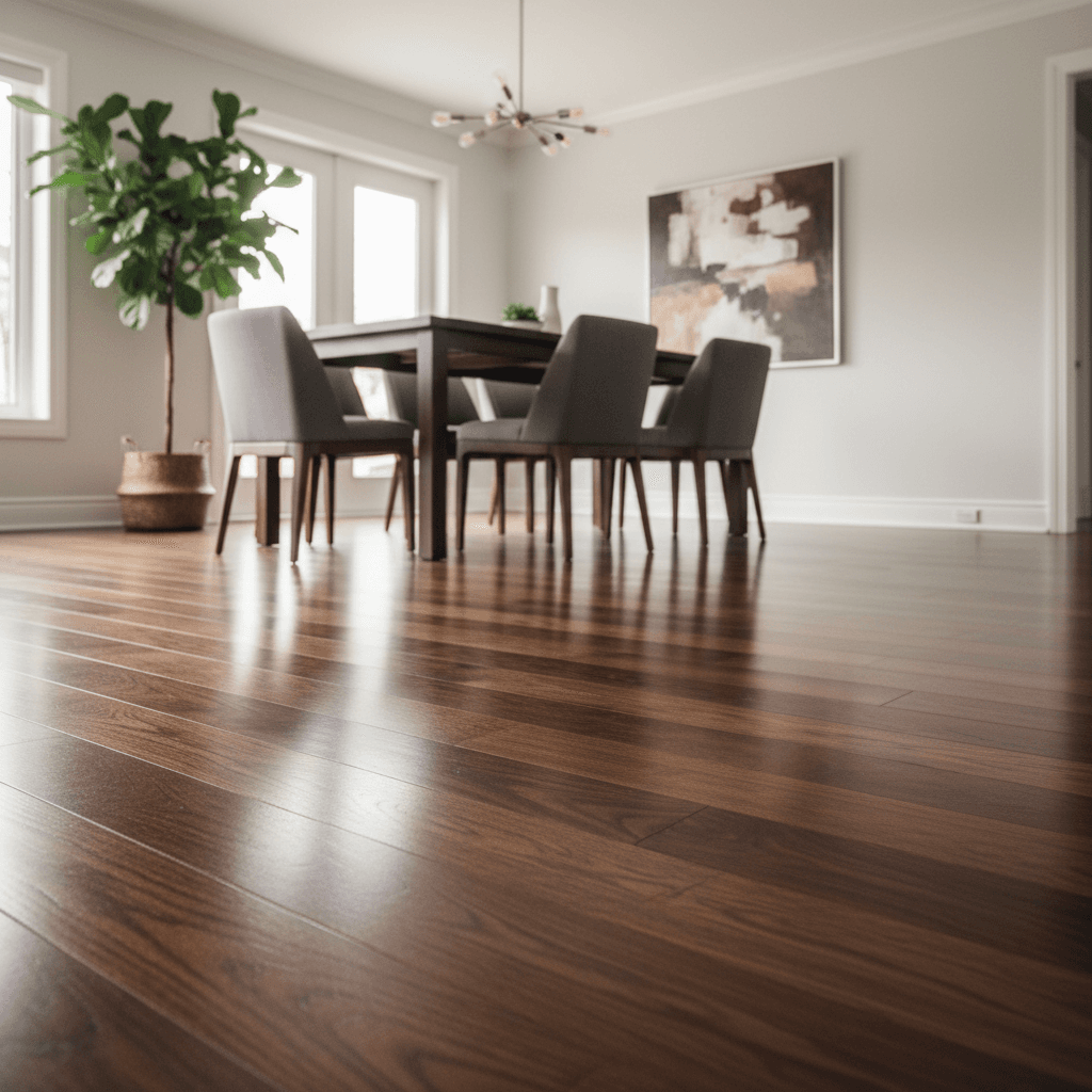 Professionally refinished hardwood floor in a dining room with walnut stain