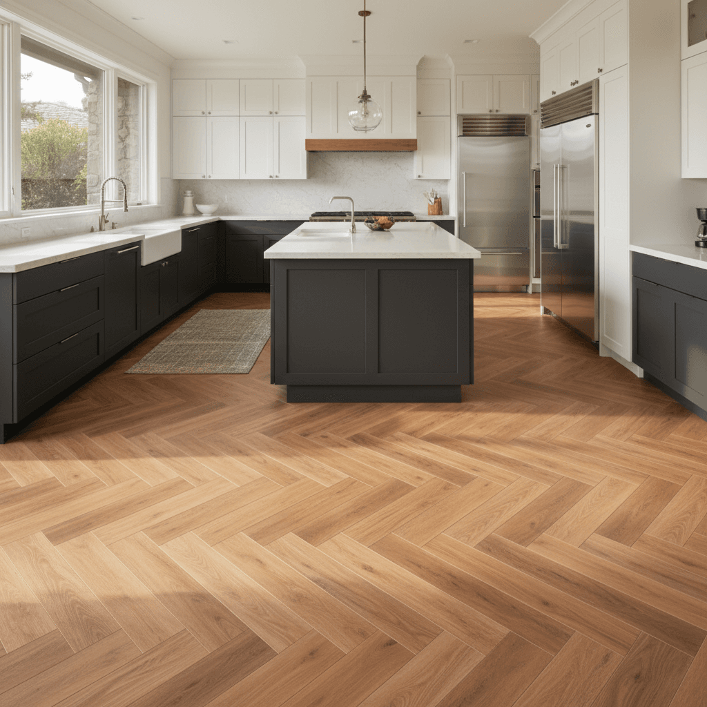 A contractor's hand carefully fits a solid hardwood plank into place, the room bathed in soft afternoon light, with a tape measure and block on the floor