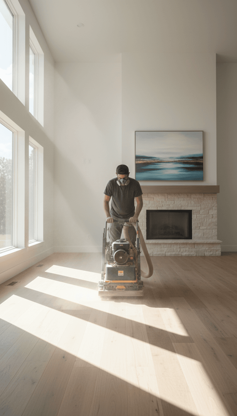 Flooring professional sanding a hardwood floor in a bright living room