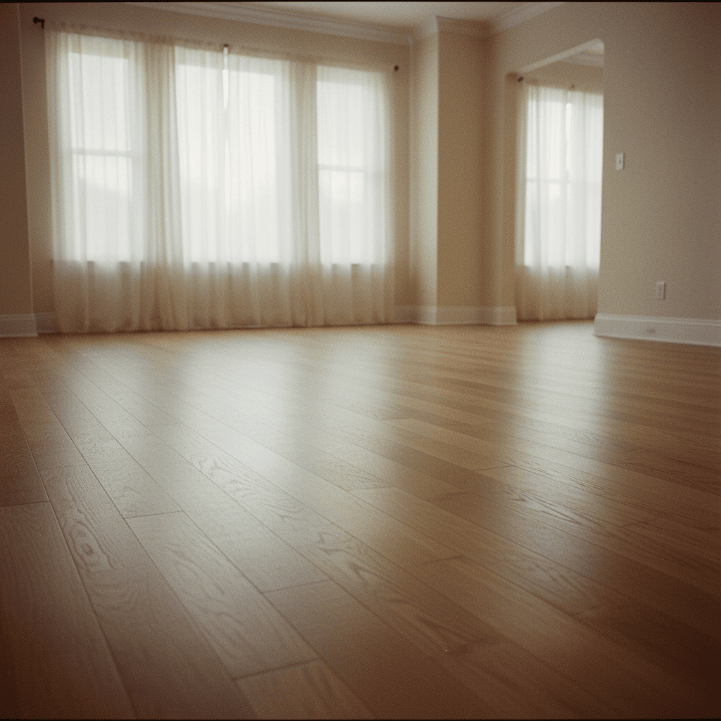 A bright, empty living room with newly installed hardwood floors bathed in natural light.