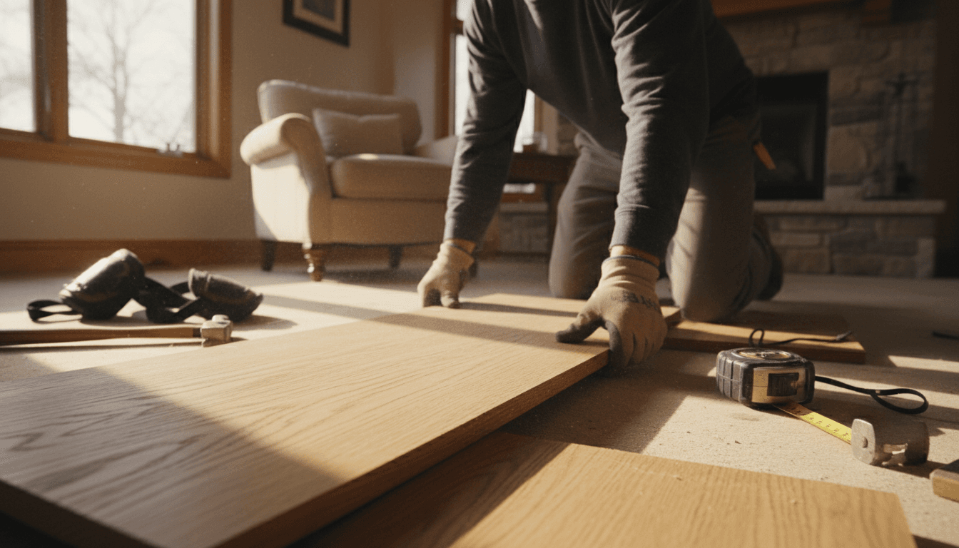 Hardwood floor installation in progress with planks and tools