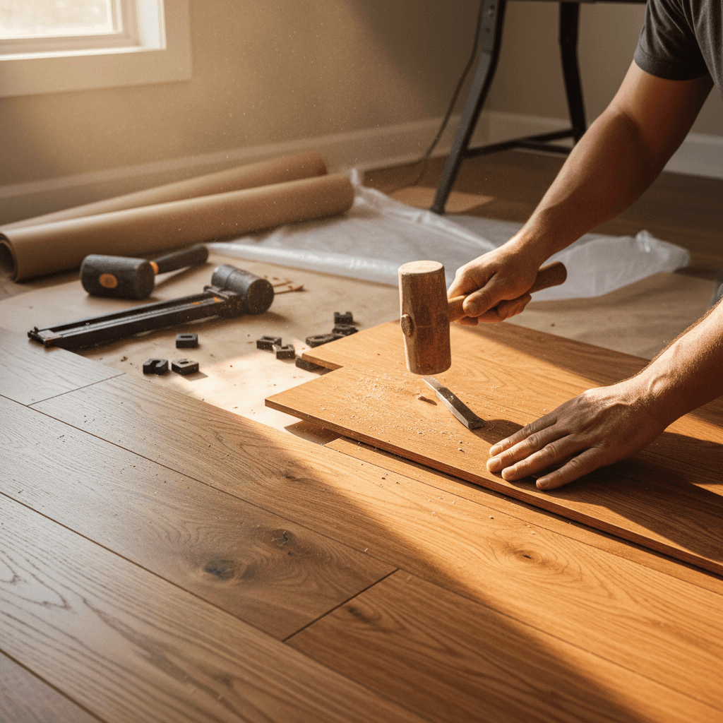 Close-up of a hand placing a wide oak plank into a herringbone pattern during installation