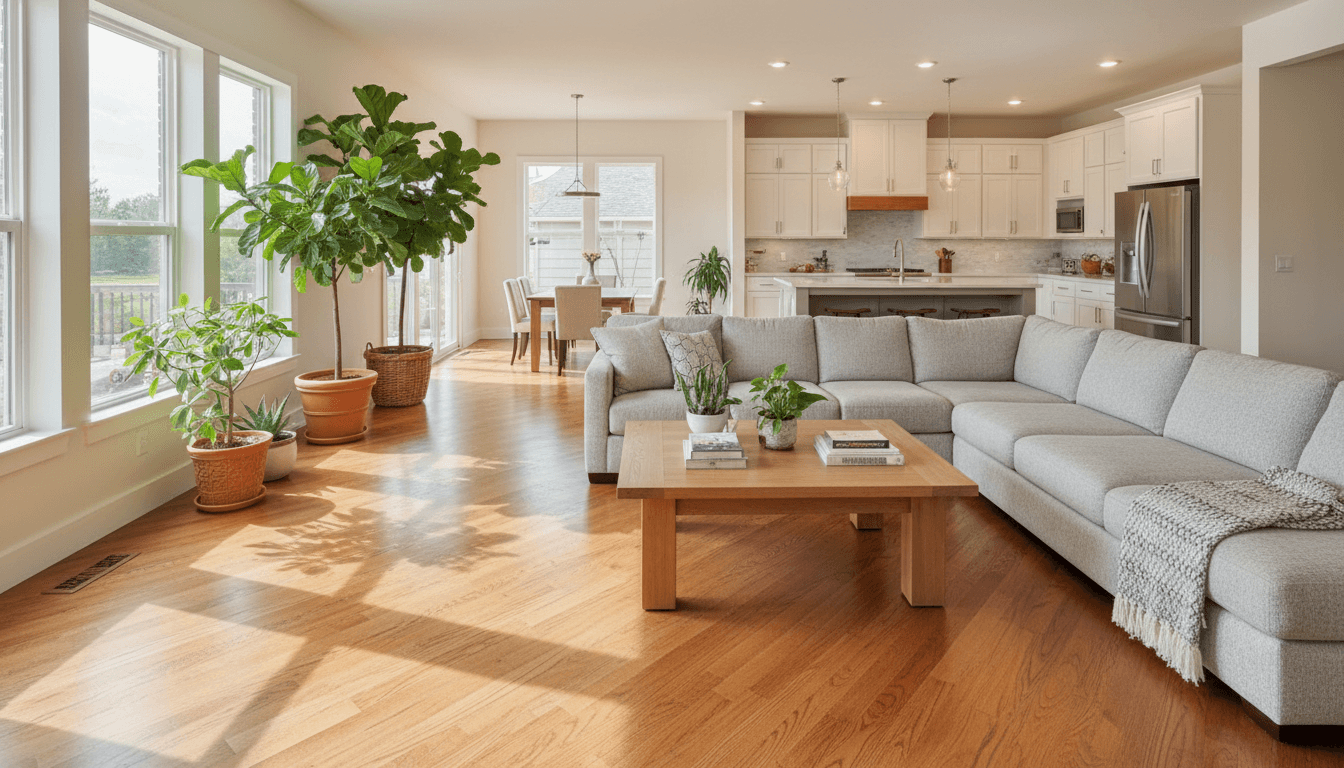Overhead view of a completed hardwood floor installation showing a living room and hallway transition