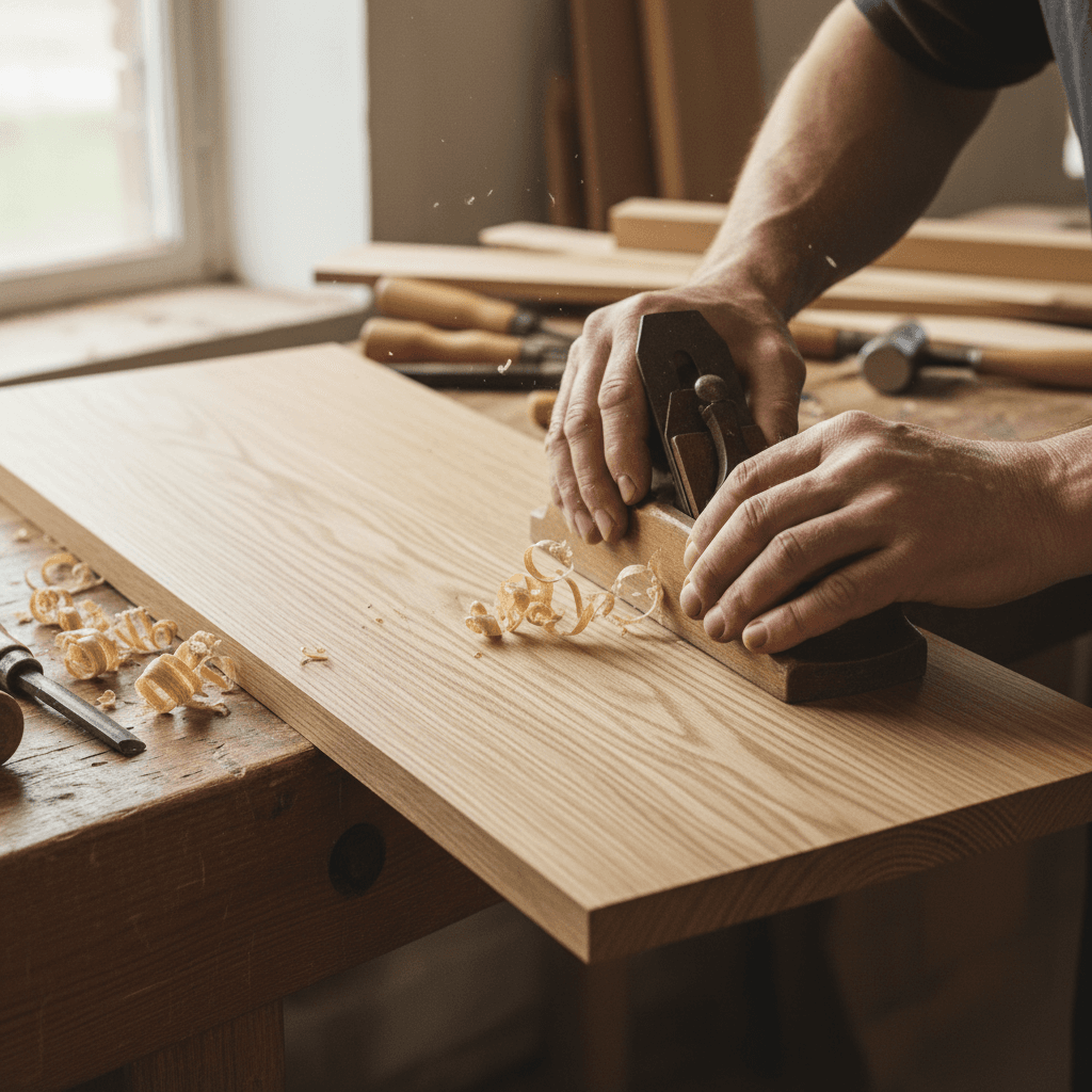 Hands holding a hardwood flooring sample in a sunlit room