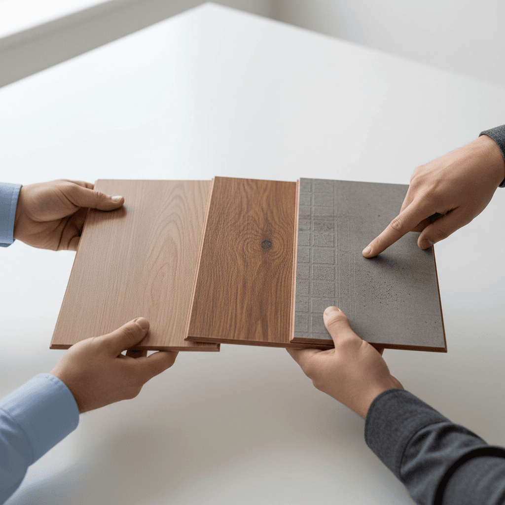Three flooring samples on concrete: solid oak, engineered walnut, luxury vinyl plank