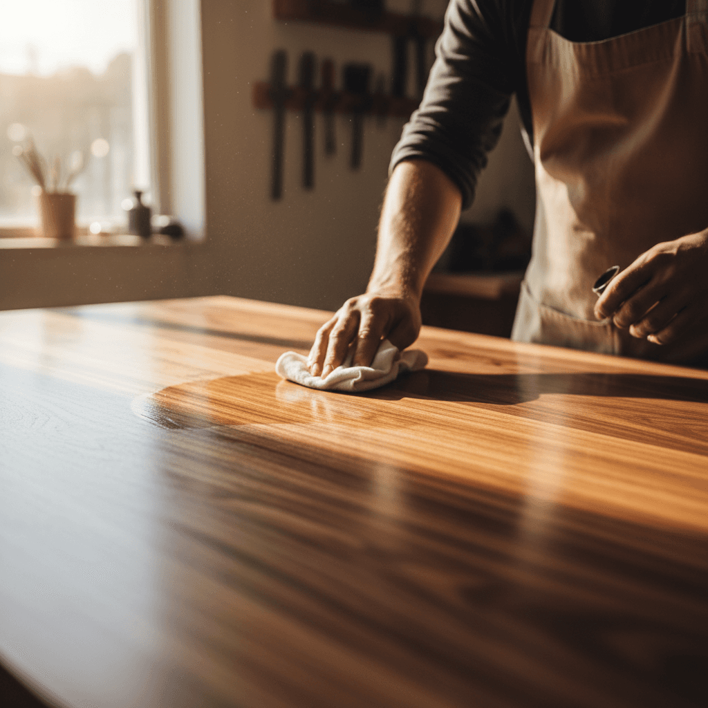 Hand wiping a polished hardwood floor with a cloth