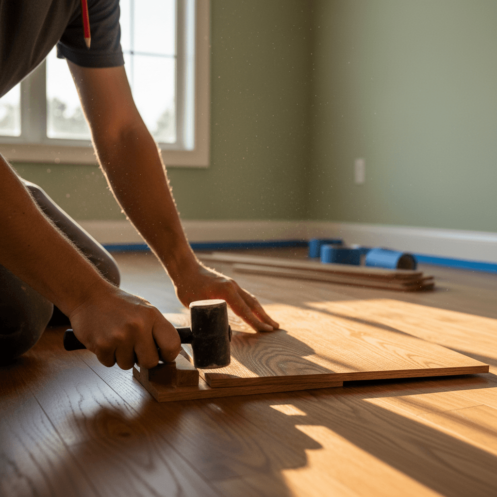 Flooring contractor installing hardwood planks in a sunlit room