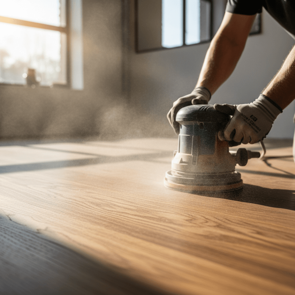 Close-up shot of a hand sanding a hardwood floor, capturing wood grain and dust particles in warm light