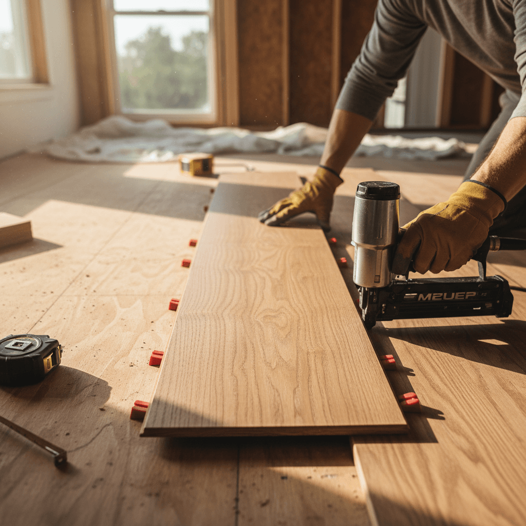 Hardwood planks being installed by hand, showing wood grain and tools