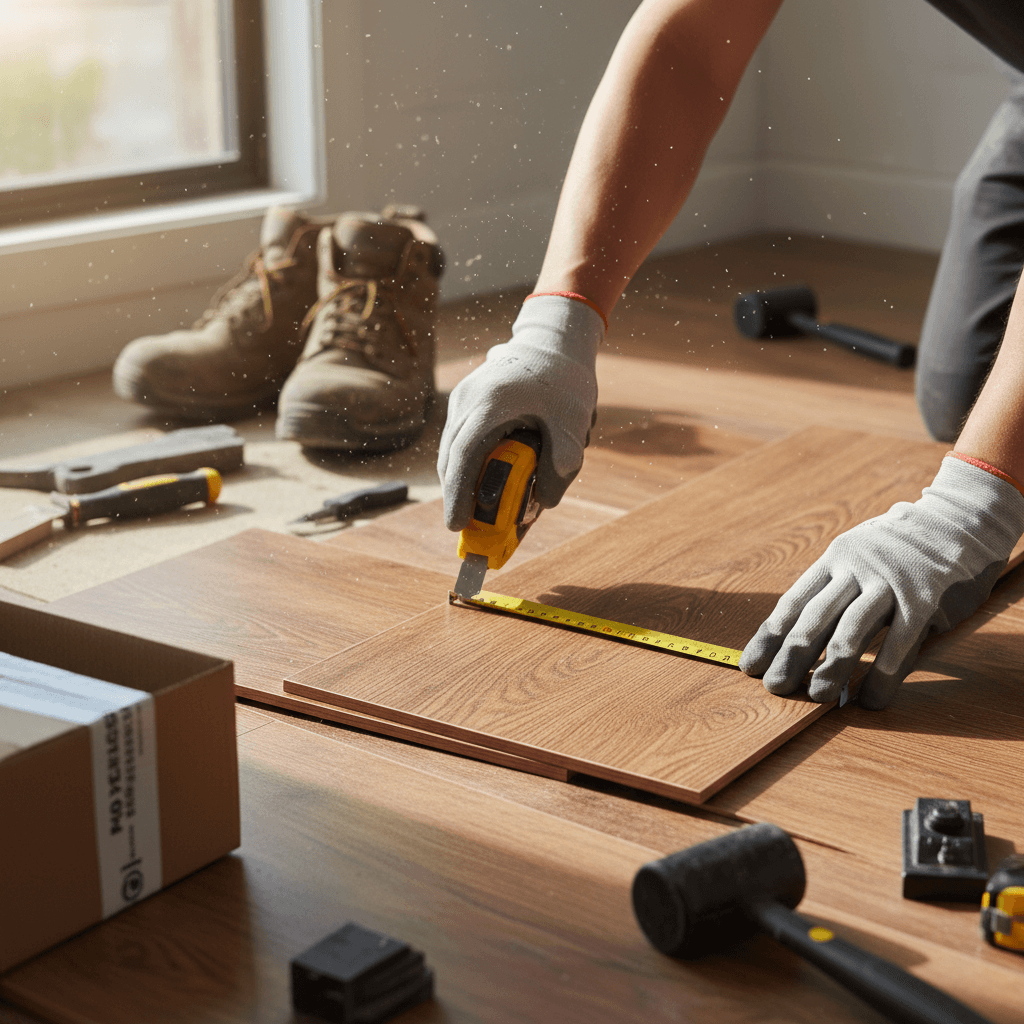 Installer boot and tape measure on a new floor