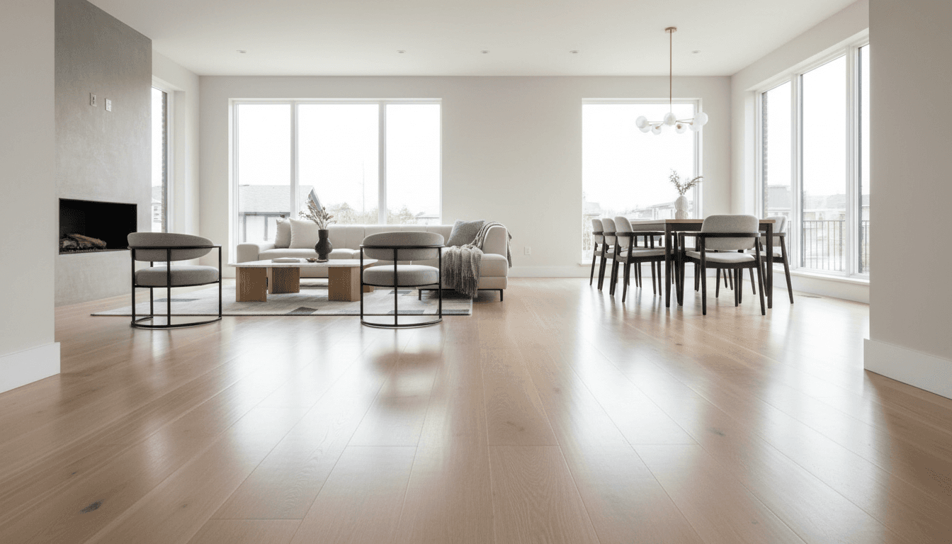 New solid hardwood floor installation in a South Orange County living room, natural oak with matte finish