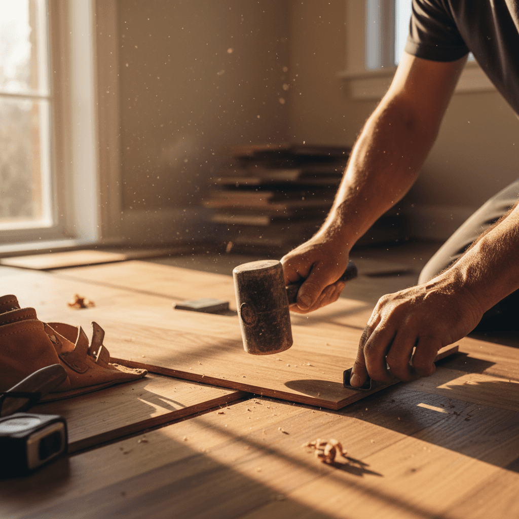 Installer cutting a hardwood plank with a miter saw on a residential job site
